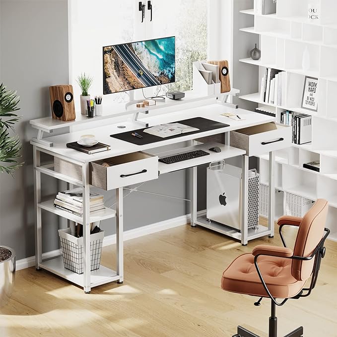 ODK Computer Desk, 55'' Office Desk with Keyboard Tray, Writting Desk with Drawers and Monitor Stand, Study Table with CPU Stand and Removable Shelf for Storage, White
