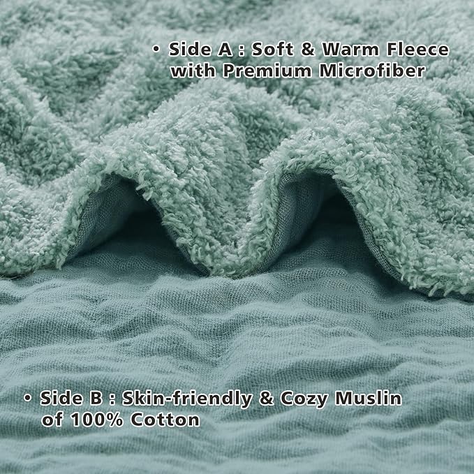 EMME Muslin and Fleece Twin Blanket Reversible - 60"*80" Teal Soft Warm Throw Blankets for Couch Bed Picnic Travel Bed