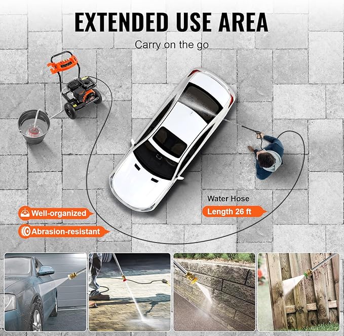 VEVOR Gas Pressure Washer, 3500 PSI 2.6 GPM, Gas Powered Pressure Washer with Aluminum Pump, Spray Gun and Extension Wand, 5 Nozzle Set, for Cars, Fences, Homes, Driveways, Patios Furniture Horizontal