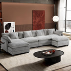 Ihanherry 111.4" L Shaped Modern Sofa Modular Sectional Cloud Couch with Ottoman, 4-Seat Chenille Deep Seat Sofa with Pillow for Living Room, Bedroom and Apartment, Beige