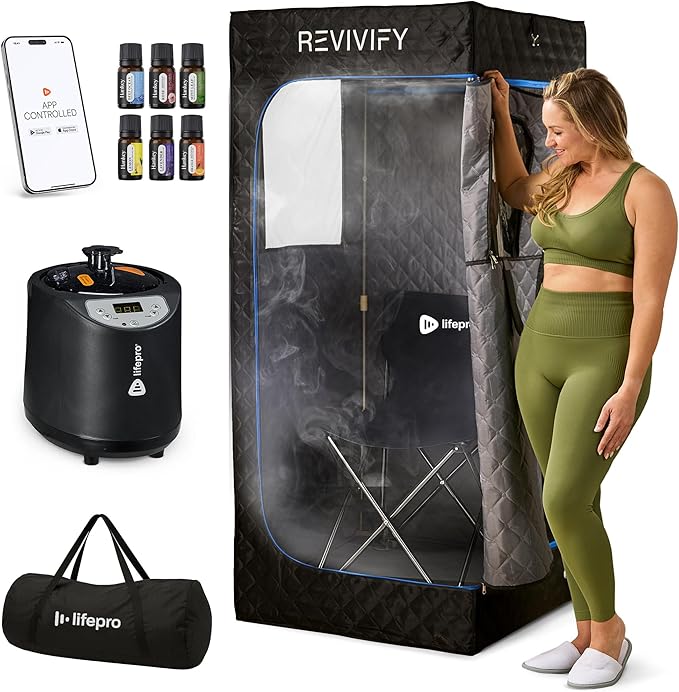 LifePro Revivify Portable Sauna Box – at Home Sauna Tent with Adjustable Heat Levels & Timer – Foldable, Easy-to-Use Personal Steam Room for Home with 2.6L Steamer, Essential Oils and App Control