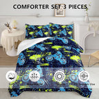 Axolotl Boys Dirt Bike Bedding Set Queen,Dirt Bike Comforter Set,Extreme Sports Tie Dye Bedding Set Motor Biker,Motocross Rider Comforter Set for Boys Kids Teens Men,1 Quilt 2 Pillowcases,Blue Green