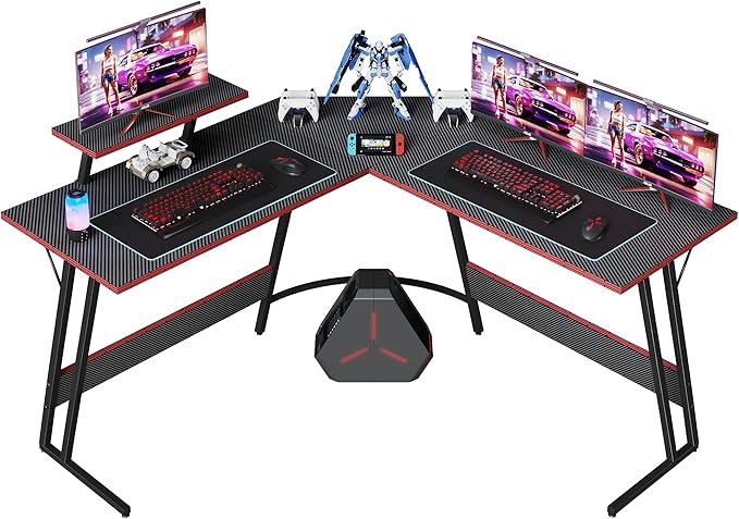L Shaped Gaming Desk, 51 Inch Computer Corner Table with Large Monitor Stand & Carbon Fiber Surface for Home Office Study Writing Workstation, Black