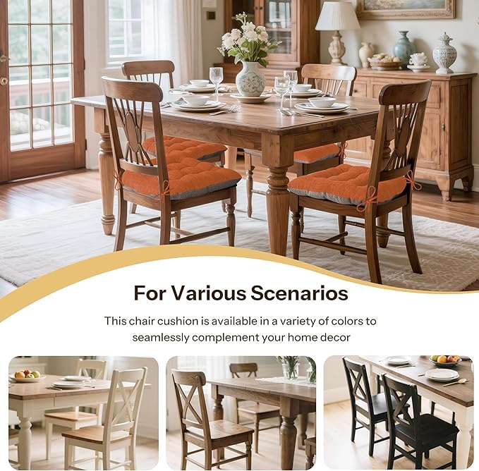 Non Slip Chair Cushions for Dining Chairs Set of 4 Kitchen Chair Cushions 18"x18"x3" Turfted Chair Pads Comfortable and Soft Seat Cushion with Ties, Orange