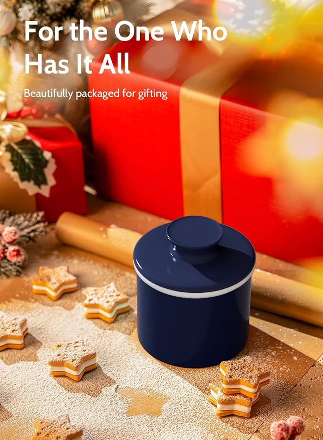 Sweese French Butter Dish with Lid - Butter Crock for Counter with Water Line for Spreadable Butter - No More Hard Butter - Navy