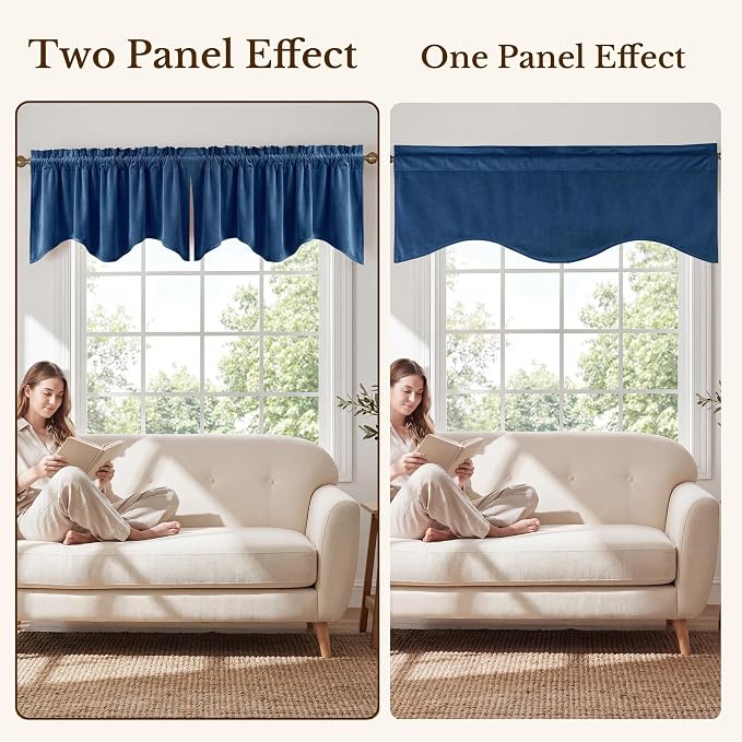 Blue Scalloped Window Valance 52x18 Inch 1 Panel | Premium Kitchen Velvet Window Treatments, Decorative Wavy Short Drapes for Bathroom, Over Sink RV, Rod Pocket