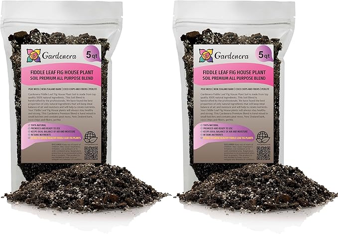 Gardenera Fiddle Leaf Fig Soil Mix - 10 Quart - Premium Blend of Peat Moss, New Zealand Bark, Coco Chips, and Perlite for All Purpose Planting - 2 Bags of 5 Quart