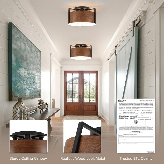 15'' Farmhouse Semi Flush Mount Ceiling Light, 3-Light Rustic Hallway Entryway Light Fixtures, Metal Wood Grain Finish Close to Ceiling Lights for Kitchen Dining Room Bedroom Living Room Foyer