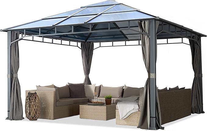 TOOLPORT Hardtop Gazebo 13x13 ft with Aluminum Frame and Approx. 8 mm Polycarbonate Roof - Side Panels in Gray