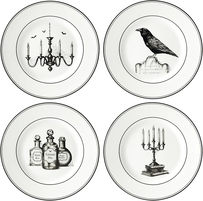 Lenox Dinnerware Set, Vintage Halloween 4-Piece Dessert Plate Set, Assorted, Set of 4 Ivory Porcelain Plates, Dishwasher Safe, Halloween Decor Indoor, Party Table Decorations (Black/White, 4 Piece)