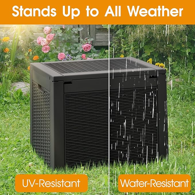 KAMABOKO 30 Gallon Outdoor Storage Box, Resin Deck Boxes Indoor and outdoor, Waterproof Storage Box Lockable Lid for Garden Tools, Package Delivery, Pool Supplies, Patio Cushions, Black