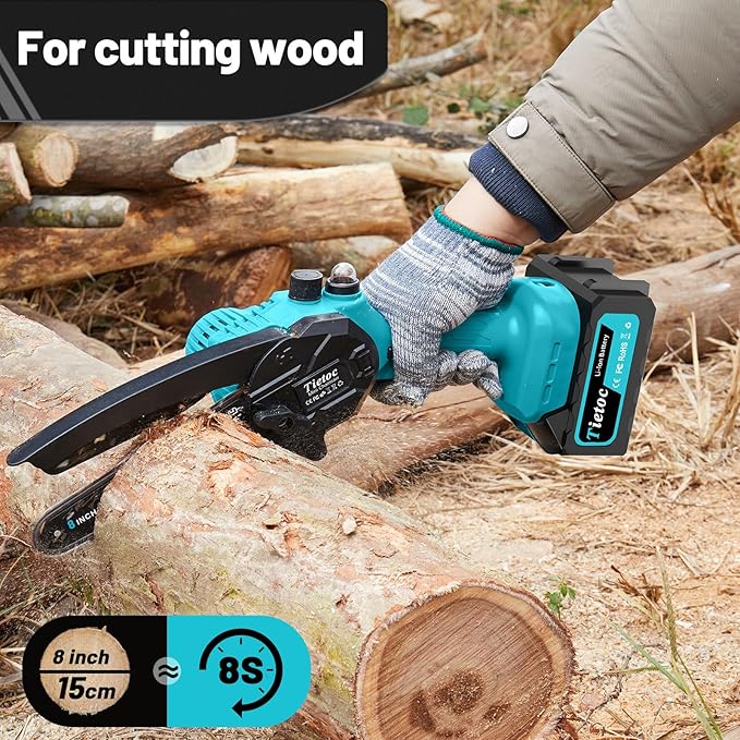 Tietoc Mini Chainsaw 8 inch Cordless with 2x 4000mAh Batteries, Battery Powerd Chain saw with Oiler, Lightweight Handheld Saw for Household & Garden, Gifts for Men, Dad, Husband, Gardener and DIYer