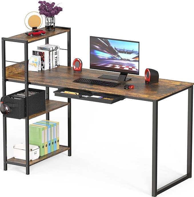 SHW 46-Inch Mission Desk with Side Shelf, 24" Deep, Rustic Brown
