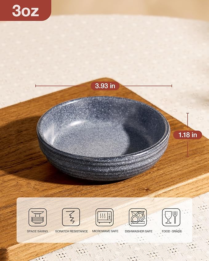 famiware Pluto Soy Sauce Dishes of 6, 3 oz Dipping Sauce Cups/Bowls/Dishes for Kitchen, Ceramic Small Bowls for Side Dish, Appetizers, Snacks, and Sushi, Reactive Glaze, Matte Dark Charcoal