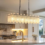 Modern Rectangle Black Crystal Chandeliers for Dining Room, L39" Large Rectangular Water Ripple Glass Island Light Fixture, 6-Lights Hanging Pendant Light for Kitchen Island, Living Room