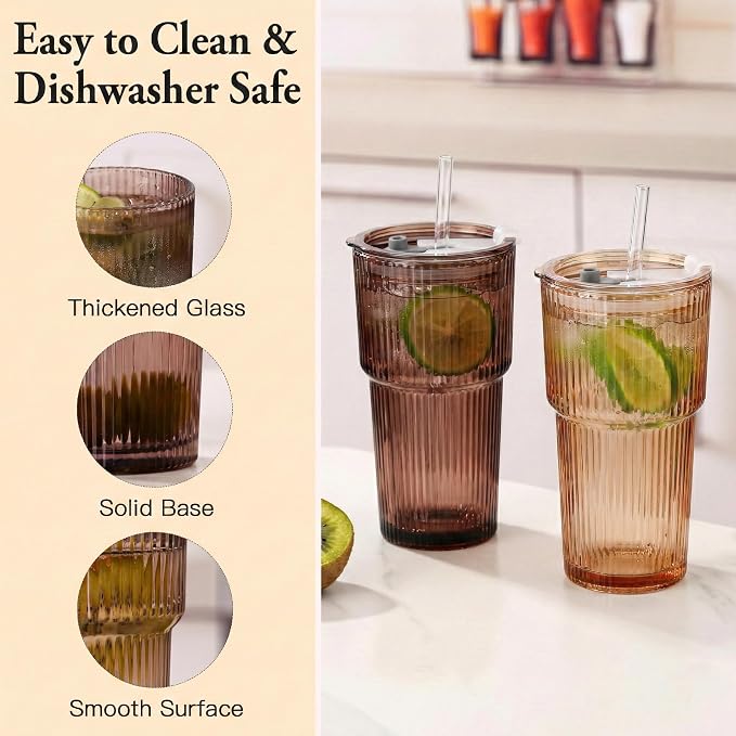 6PCS Venus Ribbed Glass Cups with Lids and Straws, 20oz Brown Vintage Drinking Glasses, Aesthetic Iced Coffee Cups, Glass Tumbler for Boba, Beer, Tea, Cocktails, Brown Ribbed Glassware Set (Venus-6)