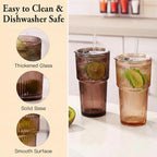 6PCS Venus Ribbed Glass Cups with Lids and Straws, 20oz Brown Vintage Drinking Glasses, Aesthetic Iced Coffee Cups, Glass Tumbler for Boba, Beer, Tea, Cocktails, Brown Ribbed Glassware Set (Venus-6)