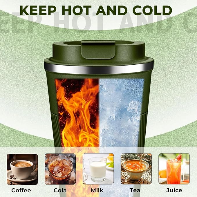 Insulated Coffee Tumbler 12 oz, Stainless Steel Coffee Mug with Lids, Travel Coffee Mug Leak Proof, Double Wall Vacuum Insulated Reusable Coffee Cup, Keep Drinks Hot and Cold, Military Green, 12 Ounce