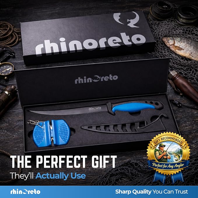 Rhinoreto Fillet Knife for Fish - Razor Sharp G4116 German Stainless Steel Blade, 6.5 Inch Professional Filleting & Boning Knife with Non-Slip Handle, Protective Sheath & Sharpener