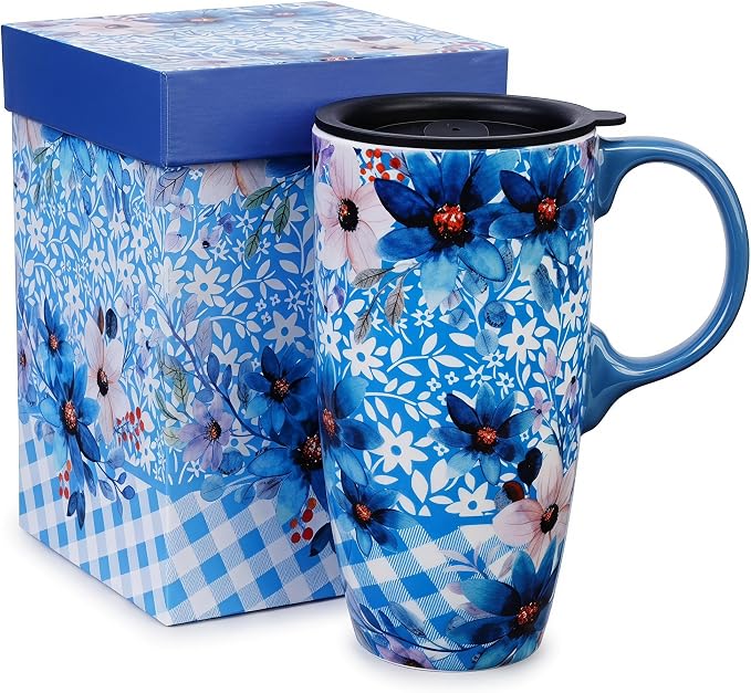 Topadorn 17oz Ceramic Travel Mug with Lid, Blue Floral Coffee Mug with Handle, Large Ceramic Travel Cup, Microwave & Dishwasher Safe, Gift Box Included