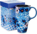 Topadorn 17oz Ceramic Travel Mug with Lid, Blue Floral Coffee Mug with Handle, Large Ceramic Travel Cup, Microwave & Dishwasher Safe, Gift Box Included