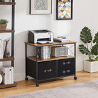 VECELO 3 Drawer Lateral File Cabinet Rolling Printer Stand with Open Storage Shelf, Fits A4 Or Letter Size, with Lockable Casters, Leather Handle, Ideal for Small Spaces, Brown+Black