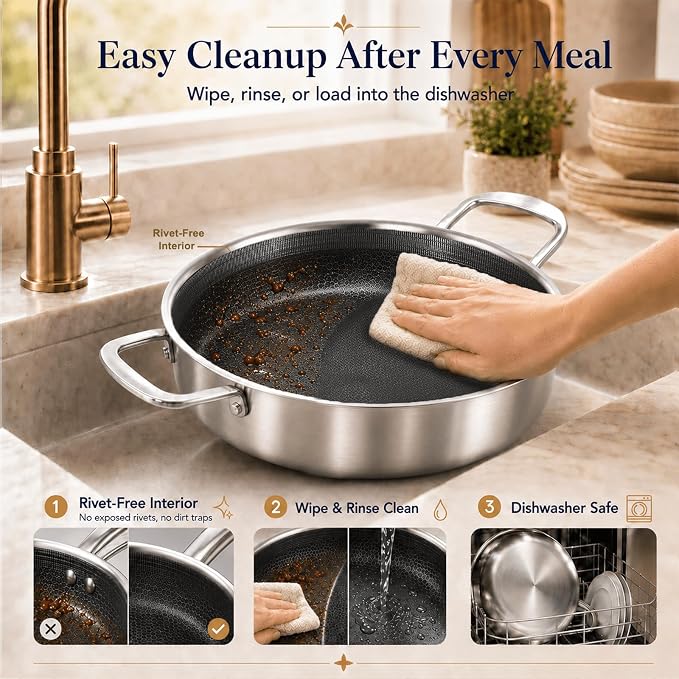 DELARLO Tri-Ply Stainless Steel 10 Inch Deep Frying Pan 3QT Saute Pan With Lid, Induction Compatible Chef Cooking Pan with lid, Dishwasher & Oven Safe