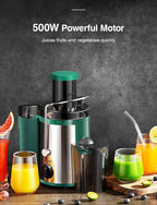 QCen Juicer Machine 500W Centrifugal Juicer with Extra Wide Feed Chute | For Fruits And Vegetables, Stainless Steel, BPA-Free Parts, Easy To Clean, Green, Compact Countertop Juicer