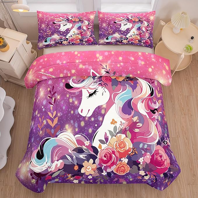 Tailor Shop Unicorn Bedding Twin Size 5 Pieces Unicorn Comforter Bed in a Bag for Girls/Kids Pink Comforter Set for Kids Girls Unicorn Sheets Room Decor…
