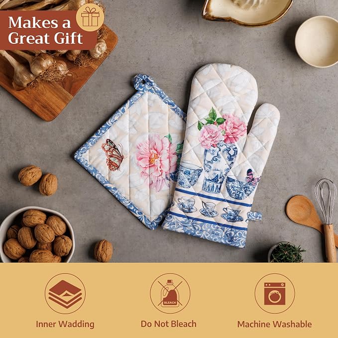 Maison d'Hermine Oven Gloves 100% Cotton Oven Mitt (7" x 13", Pack of 1) | With Loop Heat Resistant BBQ Cooking Gloves Baking Grilling Kitchen Handling Hot Pans Spring Summer - Canton