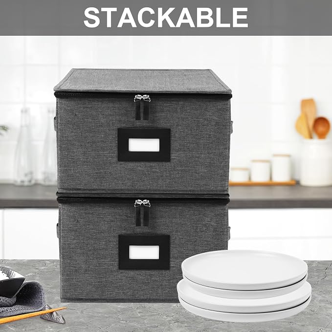 China Storage Containers Hard Shell, 12" Plates Storage Box for Dishes | Stackable Dinnerware Storage Containers with 48 Felt Dividers (4 Pack Black)