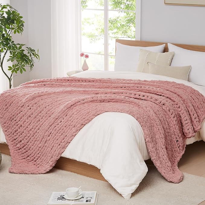 L'AGRATY Chunky Knit Blanket Throw - Soft Chunky Throw Blanket 50x60: 100% Hand Kintted Chenile Crochet Throw Blanket for Couch - Large Cable Knit Chunky Blanket for Home Decor(Rose Pink)