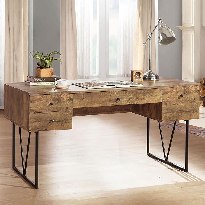 Coaster Home Furnishings Analiese Rustic 63-Inch 4-Drawer Home Office Computer Writing Desk Study Table with Storage Engineered Eco-Friendly Wood Look Laminate Sturdy Steel Base Rustic Nutmeg 800999