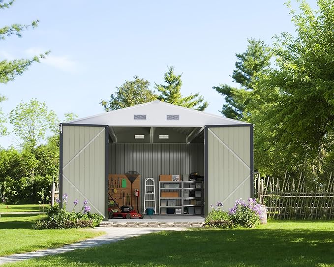Greesum 10x10FT Outdoor Storage Shed, Utility Tool Shed Metal Storage Garden Shed with Door & Lock for Patio Storage, Gray