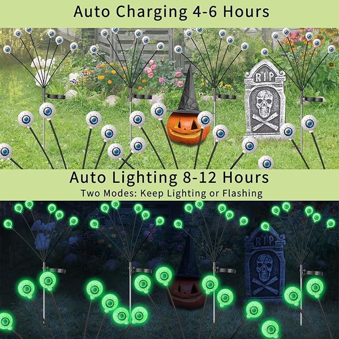 VOTTGO Halloween Solar Lights Outdoor, 8 Pack 48LED Scary Solar Eyeball Pathway Lights, 2 Modes Waterproof Swaying Solar Firefly Lights for Garden Yard Pathway Halloween Decorations, Green
