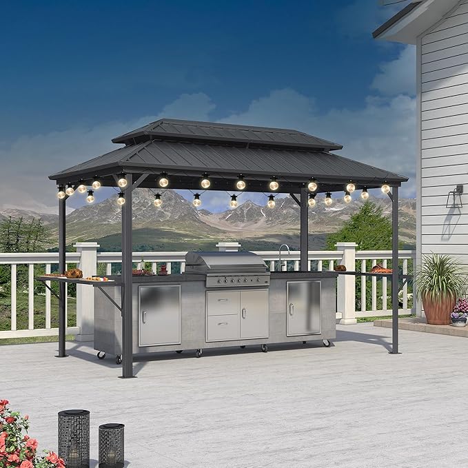 PURPLE LEAF 6.5' X 12' Hardtop Grill Gazebo for Patio Aluminum Barbeque Canopy with 24 Clear Light Bulbs and Shelves Double Tiered Grey Outdoor BBQ Gazebo