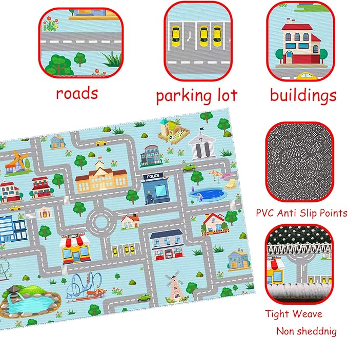 Kids Car Rug, 5' 3" x8' City Life Traffic Road Playmat for Toy Cars Trains, Non-Slip Race Track Carpet Educational Fun Area Rugs for Boy and Girl Bedroom Nursery