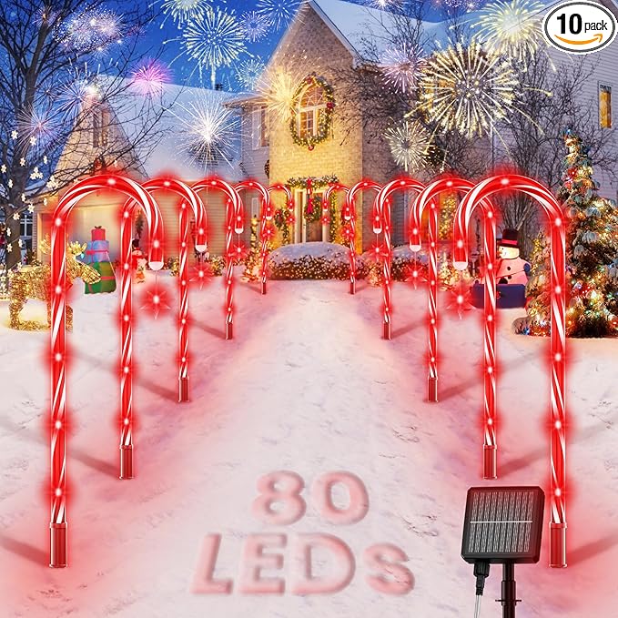 AOSEA Christmas Decorations Outdoor, 80 Red LEDs Solar Christmas Candy Cane Lights, 10 Pack Solar Pathway Lights with 8 Lighting Modes, Waterproof Solar Lights for Yard, Walkway, Lawn, Garden Decor