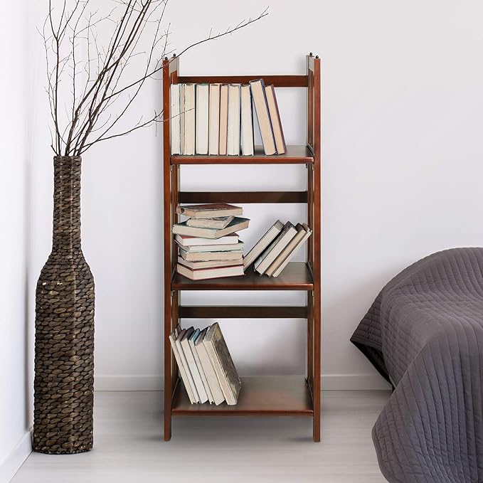 Casual Home 3-Shelf Folding Stackable Bookcase (27.5" Wide)-Walnut & 3-Shelf Folding Bookcase (14" Wide)-Walnut