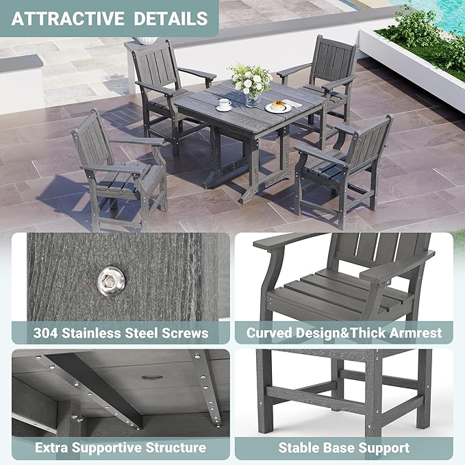 Pamapic 5 PCS Outdoor Dining Set, Spacious HDPE Outdoor Table and Chairs, Wood Grain Patio Furniture Sets with Elegant Armrest, All-Weather Patio Dining Table with Umbrella Hole, Gray