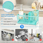 Cisily Kitchen Sink Caddy Organzier with High Brush Holder, Sponge Holder for Sink, 304 Rustproof Stainless, Kitchen Countertop Soap Dispenser Organizer (Turquoise, 9.25″)