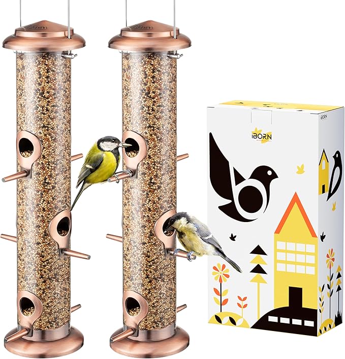 iBorn Metal Bird Feeders Brushed Copper Wild Bird Feeder for Outdoors Hanging All Metal Brushed Copper Finishing 14 Inch 6 Port,Pack of 2