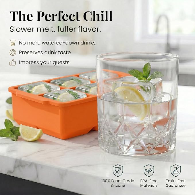 KitchFort® Large Silicone Ice Cube Tray (3-Pack), Easy Release 2" Big Ice Cubes - Cocktail, Whiskey Ice Cubes Mold - Ice Trays for Freezer with Lid - Stackable Silicone Ice Tray - Orange