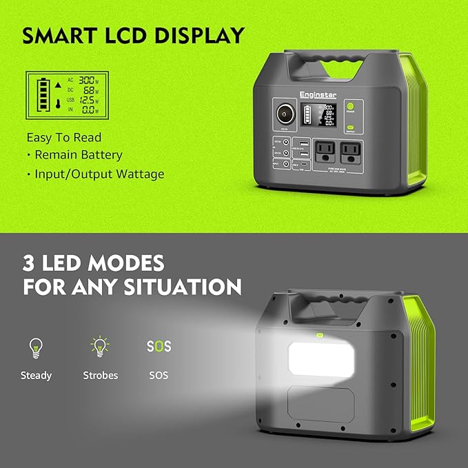 EnginStar Solar Generator, 300W Portable Power Station, 296Wh Lithium Battery Backup w/Two 110V Pure Sine Wave AC Outlet for Camping Road Trip RV, 80000mAh Sufficient Power Supply for Blackout