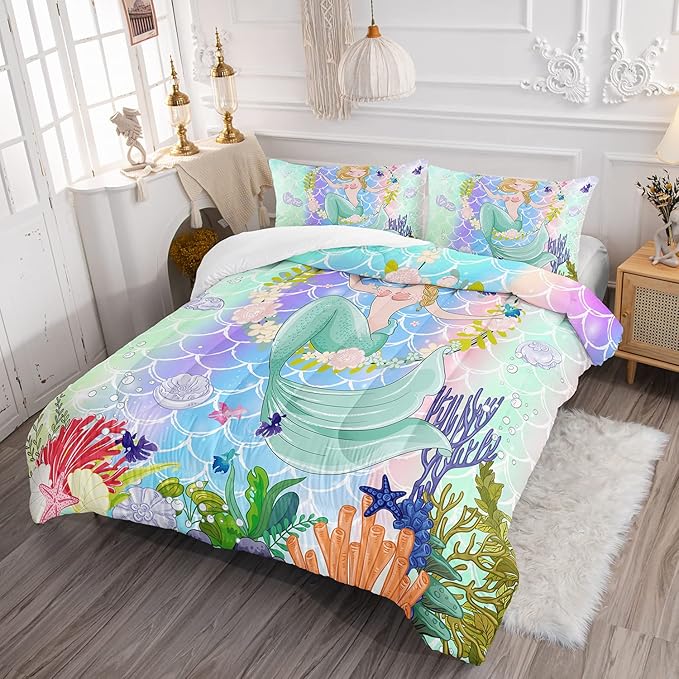 CVHOUSE Mermaid Comforter Set,Ocean Sea Mermaid Bedding Set for Girls Kids Teens,Mermaid Comforter Butterflies Duvet Set Room Decor Quilt Set Twin Size