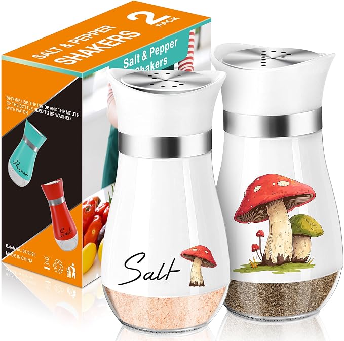 White Mushroom Salt and Pepper Shakers - Refillable Stainless Steel Set | Stainless Steel Shakers with Lids Are Easy to Refill and Bring Country Charm to Kitchen Counters, Tables and Dining Areas.