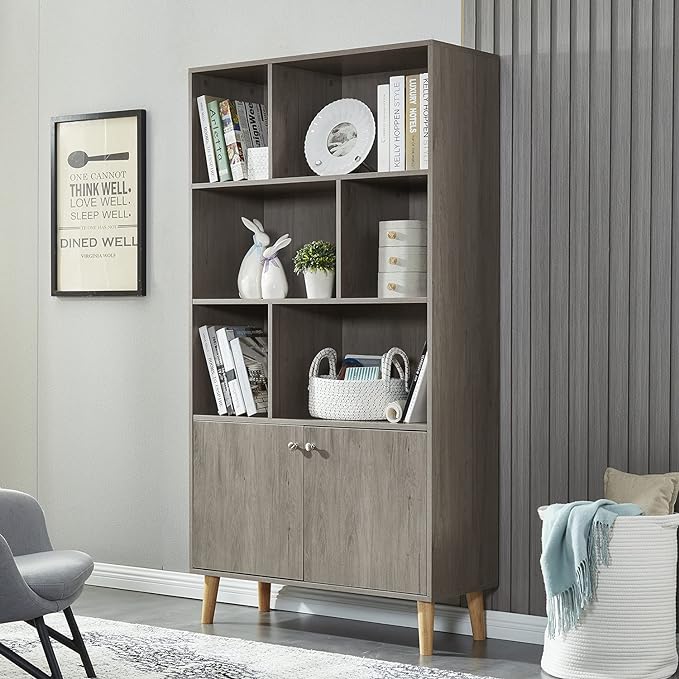 Modern Bookcase with 2 Doors, Shelf Organizer for Display, Wooden Bookshelf Library with 6 Storage Cabinet for Home Office (Gray Oak)