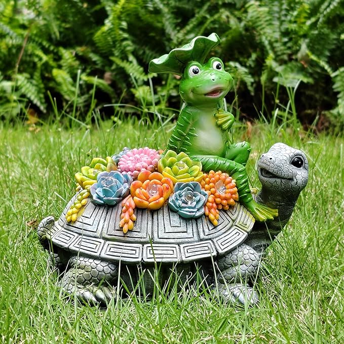 ILLUMINEW Solar Garden Outdoor Statues Turtle& Frog with Succulent and 8 LED Lights, Turtle Carrying Lotus Leaf Frog Figurines, Lawn Decorations for Patio Yard Gifts for Mom Grandma Housewarming