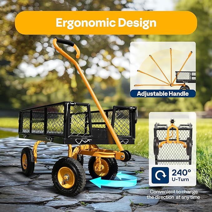 VIVOHOME Heavy Duty 550 Lbs Capacity Mesh Steel Garden Cart Folding Utility Wagon with Removable Sides (Black)