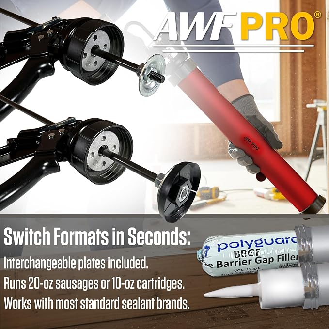 AWF PRO Sausage Caulking Gun 20 oz, 25:1 Thrust Ratio, Pack of 12 | 20 oz Foil Pack and 10 oz Cartridge Convertible, Aluminum Barrel, Includes 3 Tips
